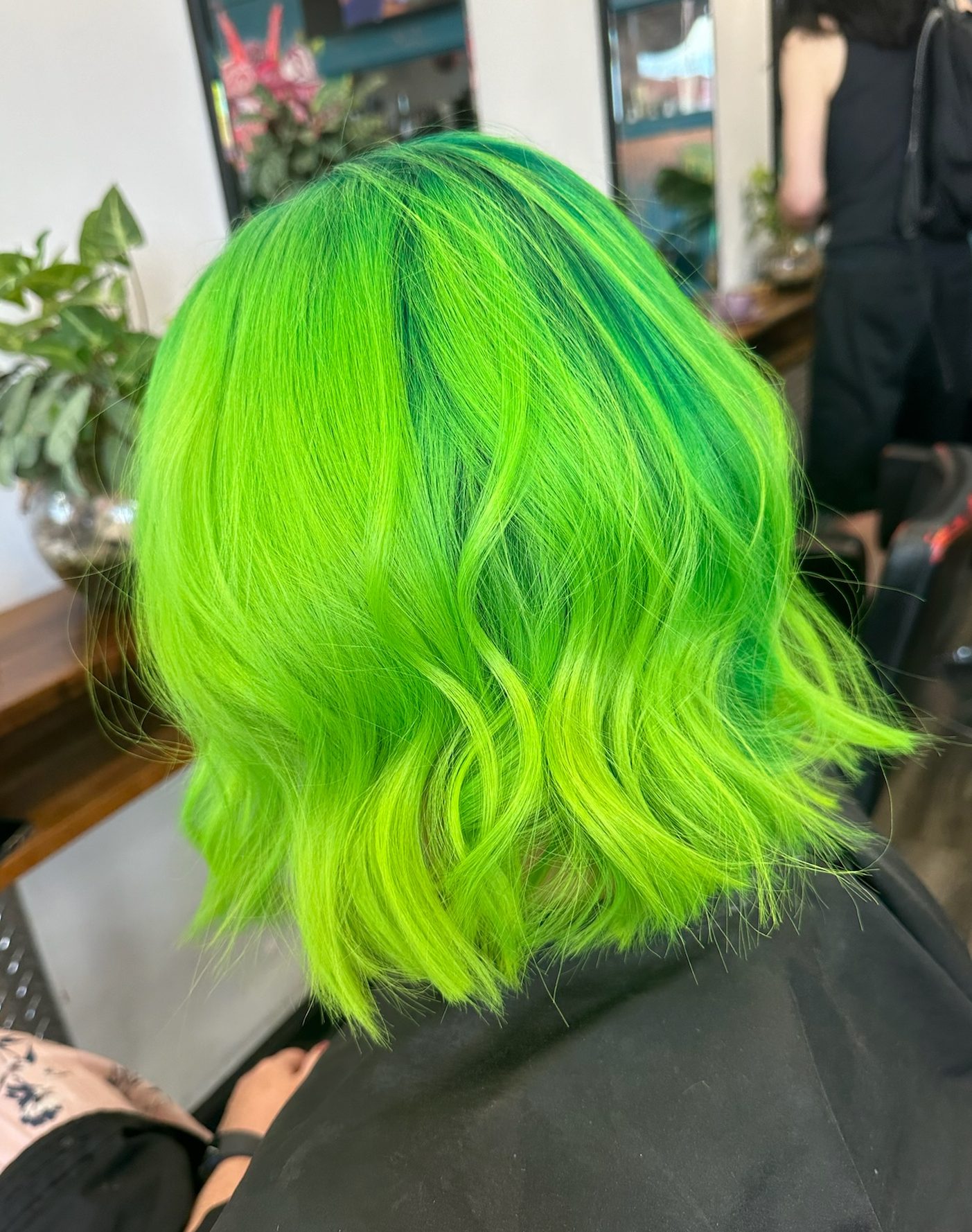 Client vivid bright green hair colour at Salon Eve Geelong