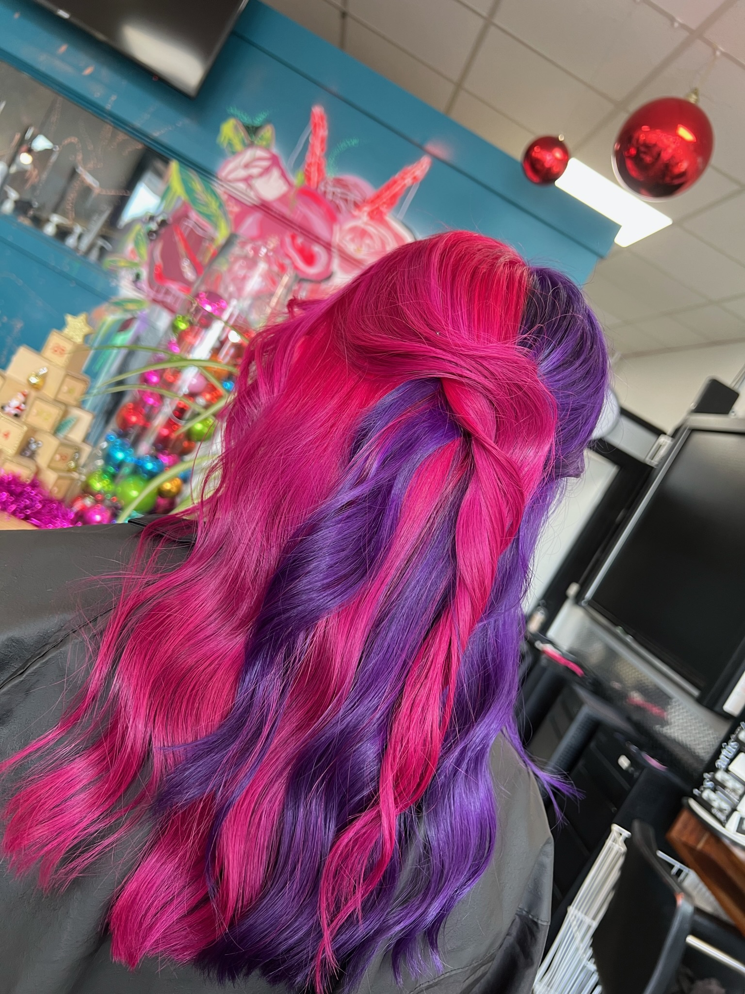 Vivid pink and purple Christmas hair colour Geelong, Salon Eve