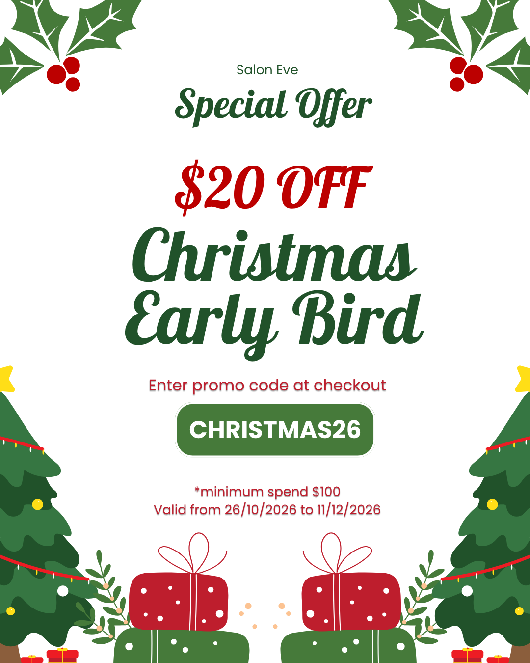 Christmas early bird promo booking Geelong Salon Eve